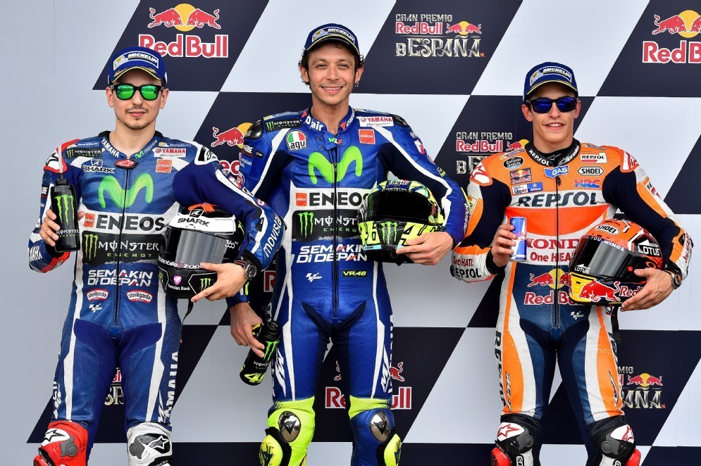 La prima fila della griglia di partenza a Jerez: Rossi, Lorenzo e Marquez