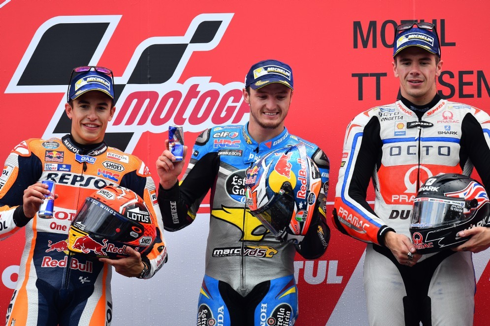 Il podio di Assen: Miller, Marquez e Redding