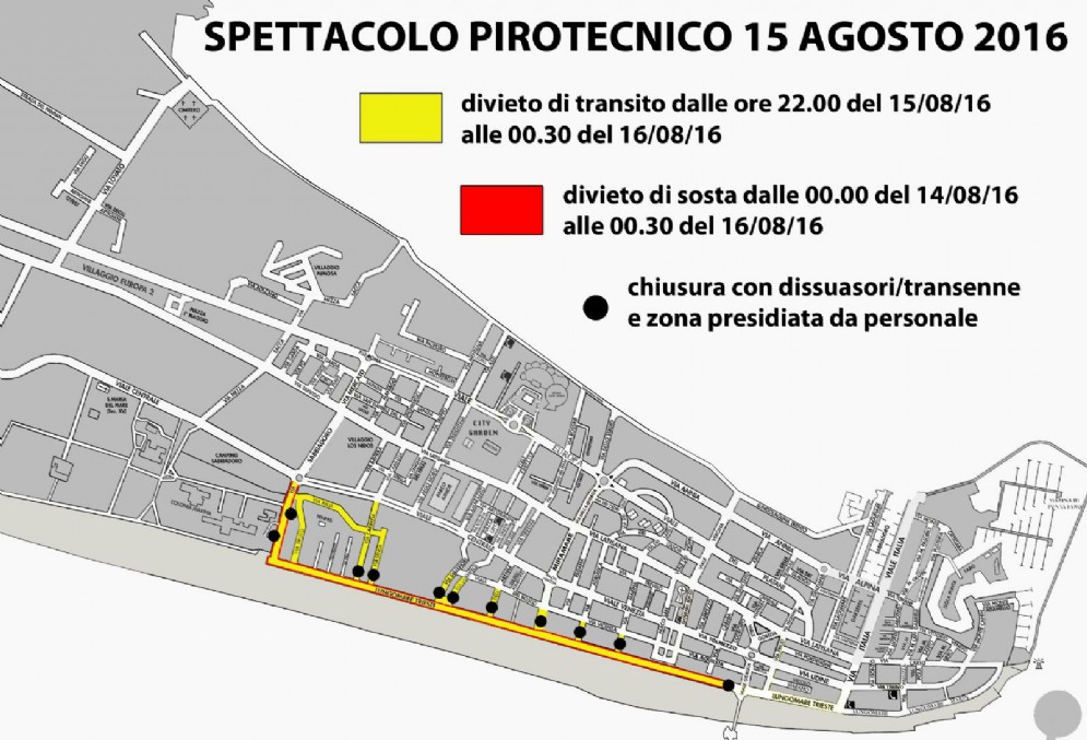 La piantina stradale con le modifiche alla viabilità in occasione delle spettacolo pirotecnico