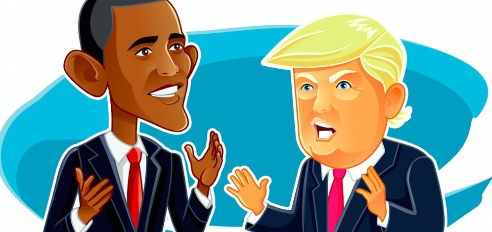 Il neopresidente Usa Donald Trump e Barack Obama in una caricatura