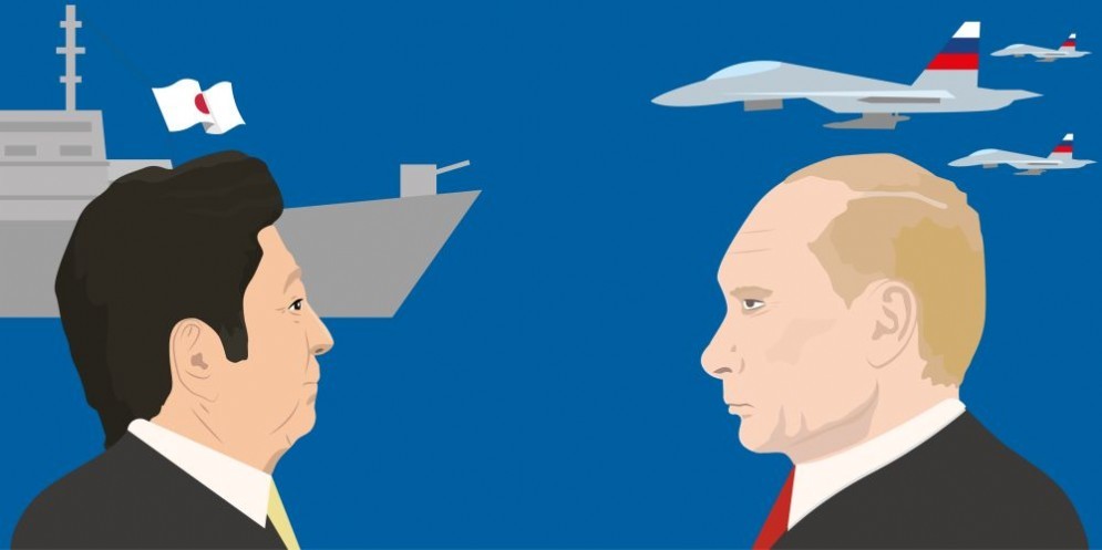 Un'illustrazione di Shinzo Abe e Vladimir Putin.
