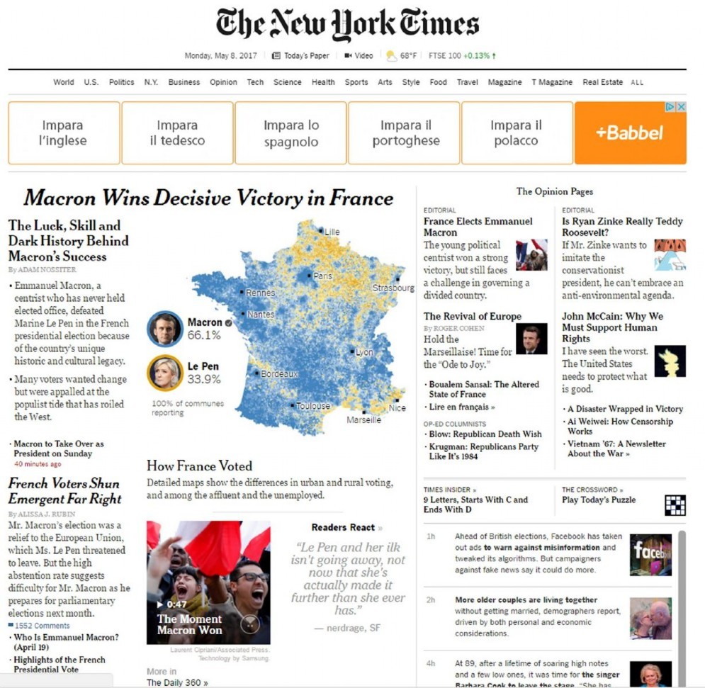Il sito online del New York Times con la notizia della vittoria di Emmanuel Macron alle elezioni presidenziali francesi, 8 maggio 2017
