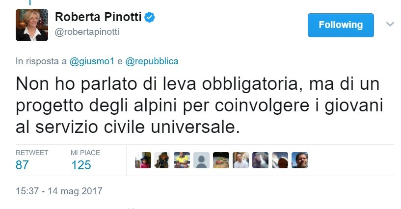 Il tweet di Roberta Pinotti