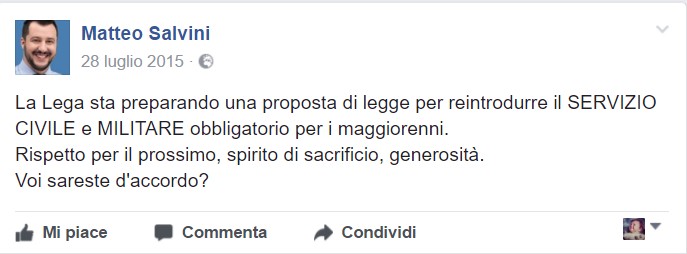Un post di Matteo Salvini sulla proposta di reintrodurre la leva obbligatoria per il servizio civile