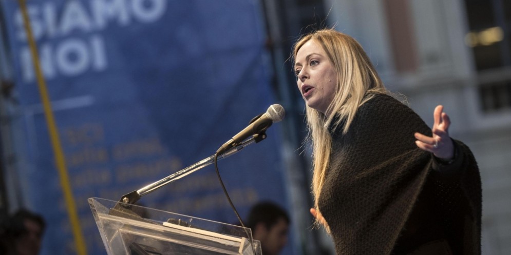 La leader di FdI, Giorgia Meloni, all'Angelicum di Roma.