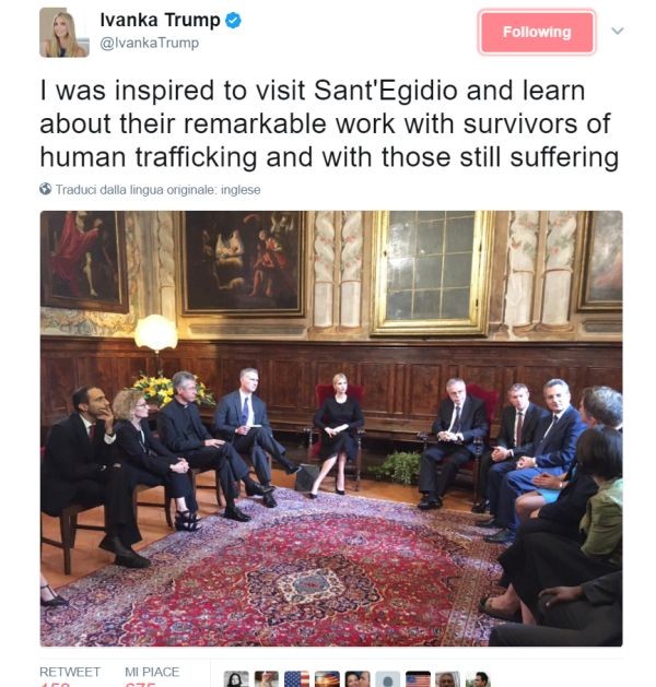 Il tweet della First Daughter dopo la sua visita alla Comunità di Sant'Egidio