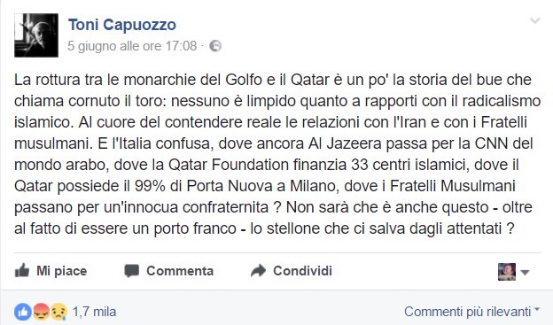 Il post di Capuozzo sul suo profilo Facebook