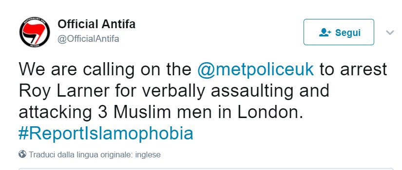 Il tweet incriminato dell'account Official Antifa