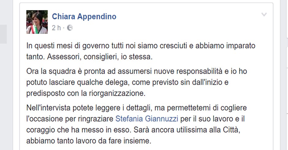 Post di Chiara Appendino apparso su Facebook