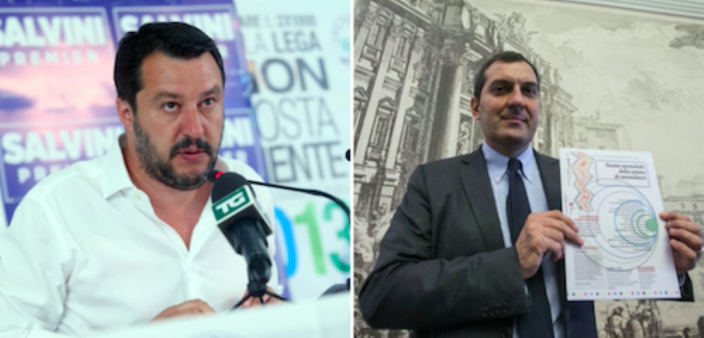 Il leader della Lega Nord, Matteo Salvini e accanto il direttore di Repubblica Mario Calabresi