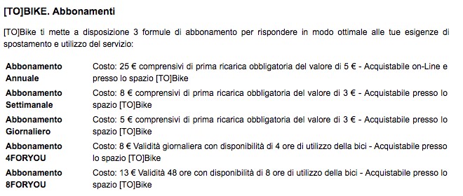 Gli attuali prezzi degli abbonamenti ToBike
