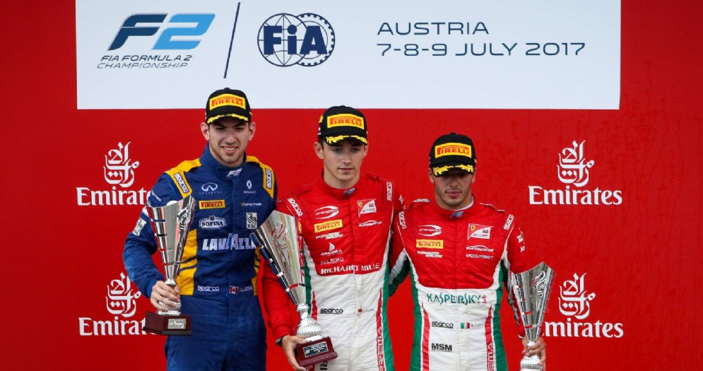Il podio della F2 nella gara-1 in Austria: Charles Leclerc, Nicholas Latifi e Antonio Fuoco