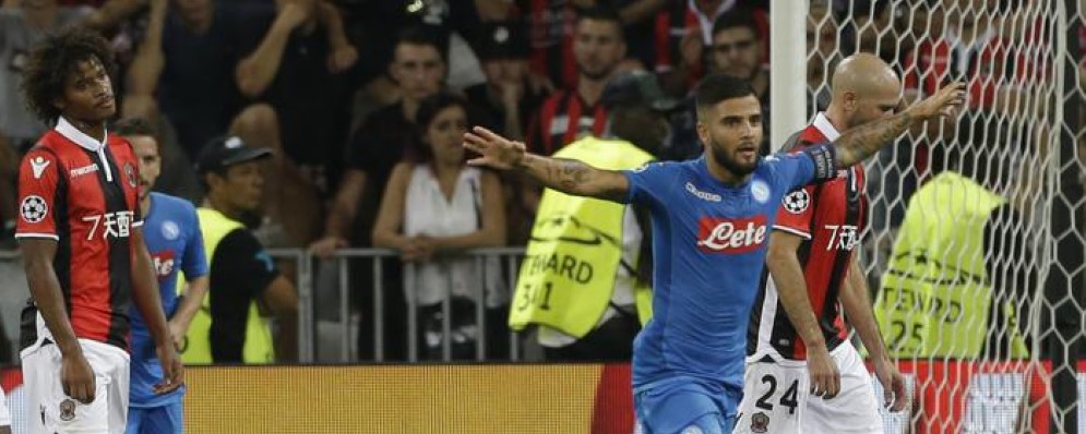 Lorenzo Insigne esulta dopo il goal dello 0-2 del Napoli al Nizza