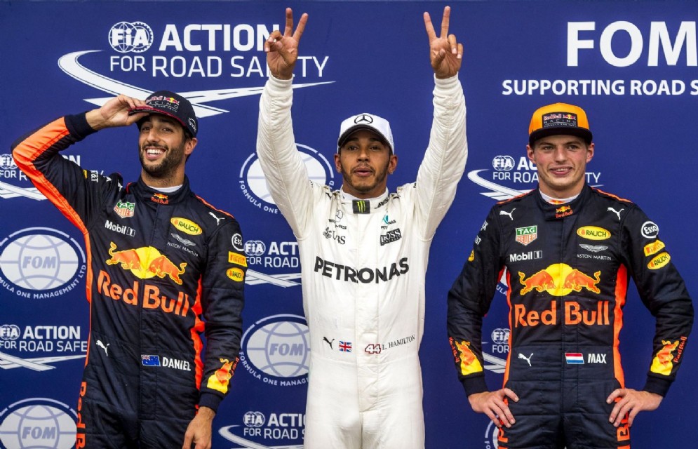 Il podio delle qualifiche del GP d'Italia: Hamilton, Verstappen e Ricciardo