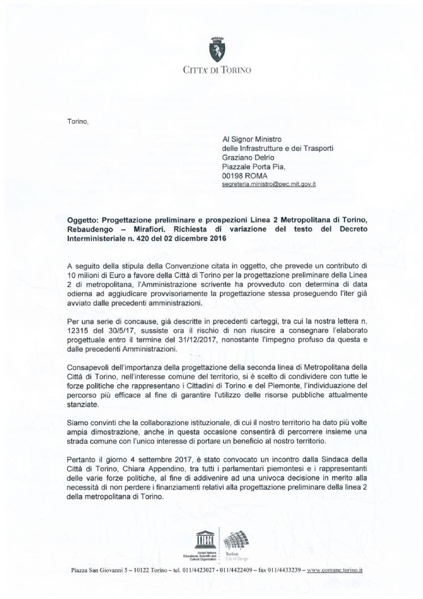 La lettera sottoscritta nella giornata di ieri dai politici torinesi