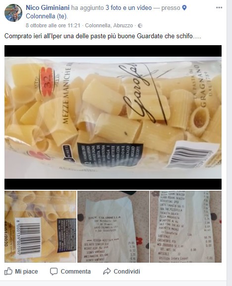 Insetti nella pasta, commento su un profilo facebook