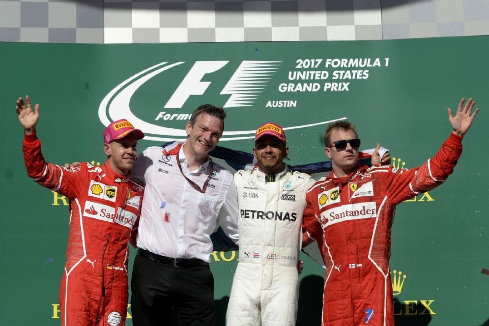 Il podio del GP degli Stati Uniti: Lewis Hamilton, Sebastian Vettel e Kimi Raikkonen