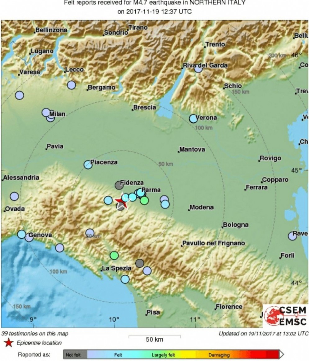 L'epicentro del terremoto nel Parmense