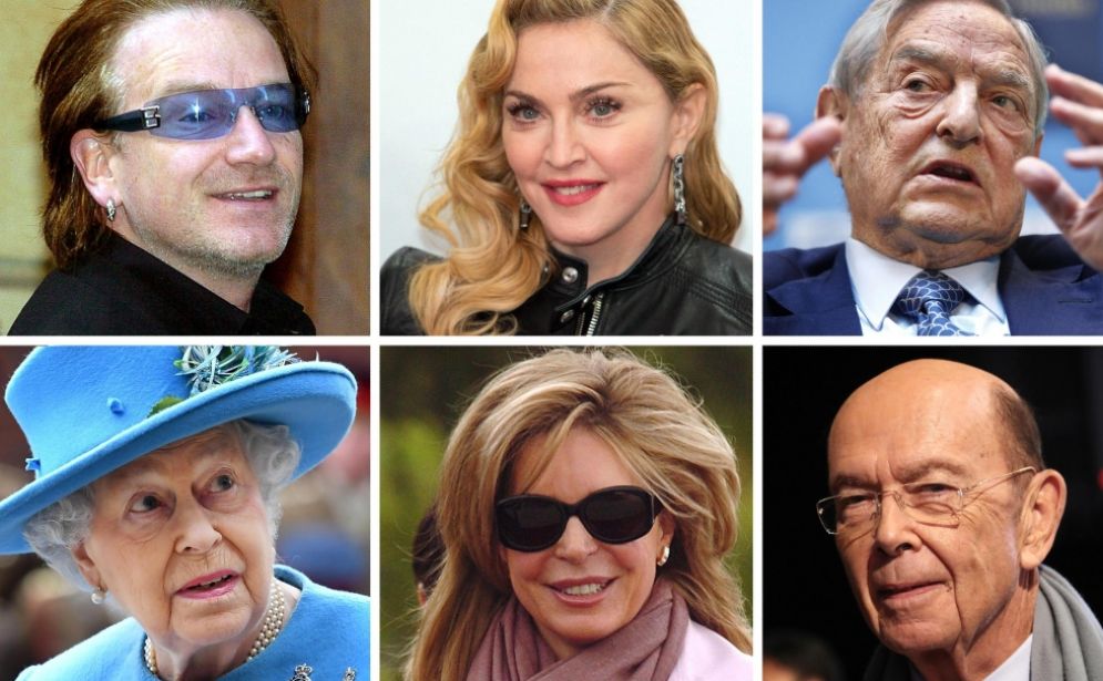 Il cantante irlandese e leader degli U2, Bono Vox, la cantante statunitense Madonna, il finanziere George Soros, il segretario al Commercio sotto l'amministrazione Trump, Wilbur Ross, la regina Noor di Giordania e la Regina d'Inghilterra, Elisabetta