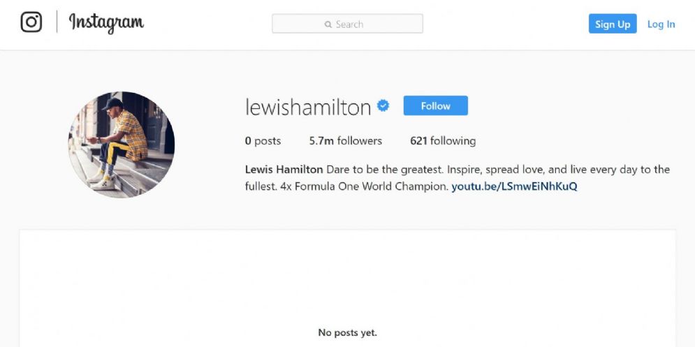 La pagina ufficiale di Lewis Hamilton su Instagram, ora completamente vuota