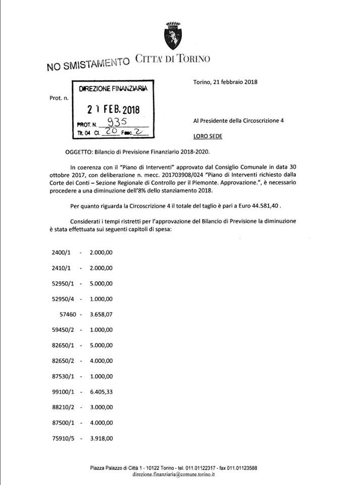 Il documento ricevuto da Claudio Cerrato, presidente della Circoscrizione 4