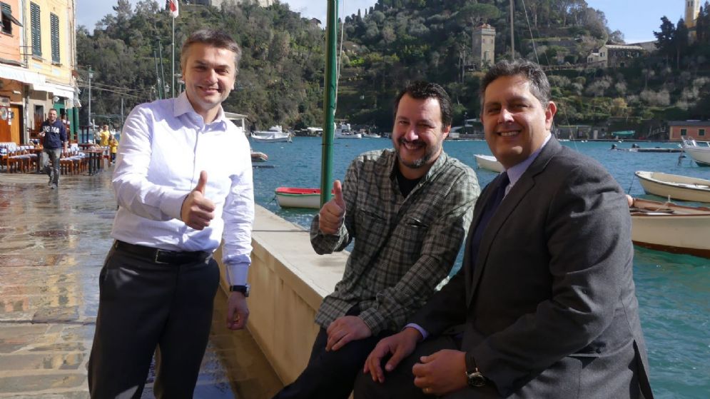 Matteo Salvini con Giovanni Toti e Edoardo Rixi a Portofino