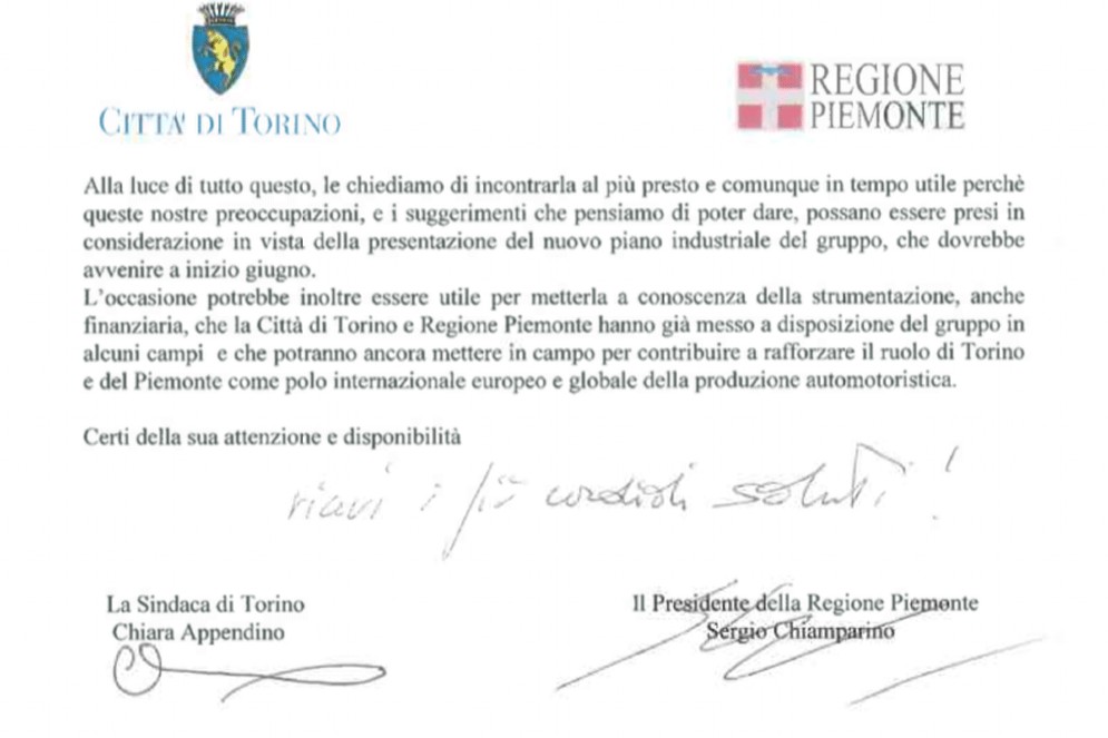 La lettera firmata da Appendino e Chiamparino