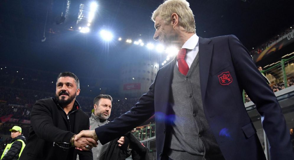 Gennaro Gattuso ed Arsene Wenger si salutano prima di Milan-Arsenal