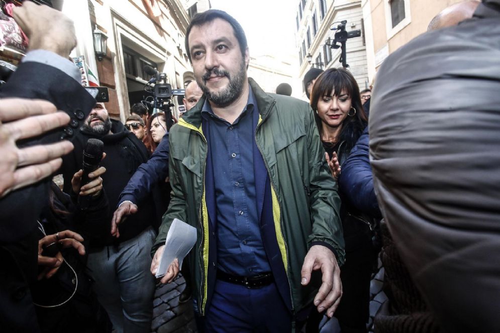 Il segretario della Lega Matteo Salvini arriva alla Stampa Estera