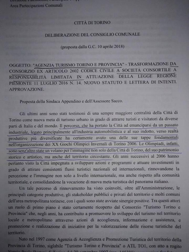 Uno stralcio della delibera di Appendino inerente la trasformazione della partecipata Turismo Torino in Srl