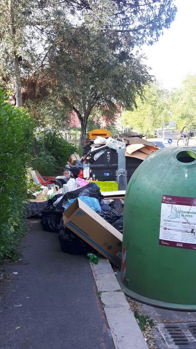 Cumuli di rifiuti vicino ai cassonetti in una delle vie del Municipio XI