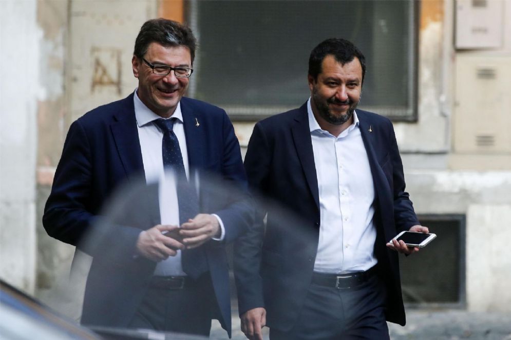 Giancarlo Giorgetti e Matteo Salvini dopo il vertice del centrodestra
