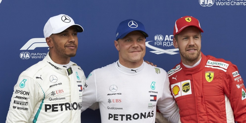 Il podio delle qualifiche del GP d'Austria di F1: Valtteri Bottas, Lewis Hamilton e Sebastian Vettel