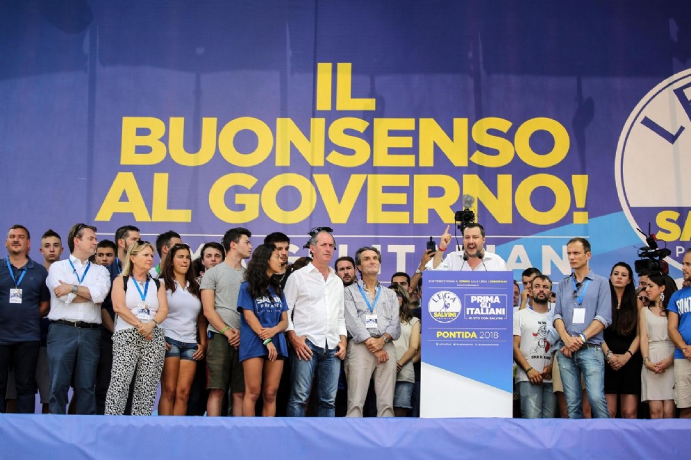 Matteo Salvini nel corso dell'annuale raduno della Lega a Pontida (Bergamo), 1 luglio 2018