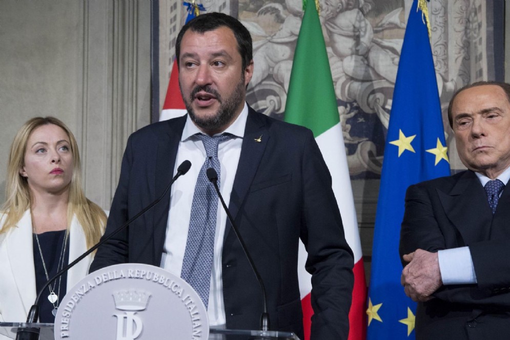 Gli (ex) alleati del centrodestra: Matteo Salvini della Lega, Giorgia Meloni di Fratelli d'Italia, Silvio Berlusconi di Forza Italia