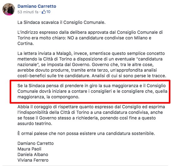 Il messaggio dei dissidenti alla sindaca