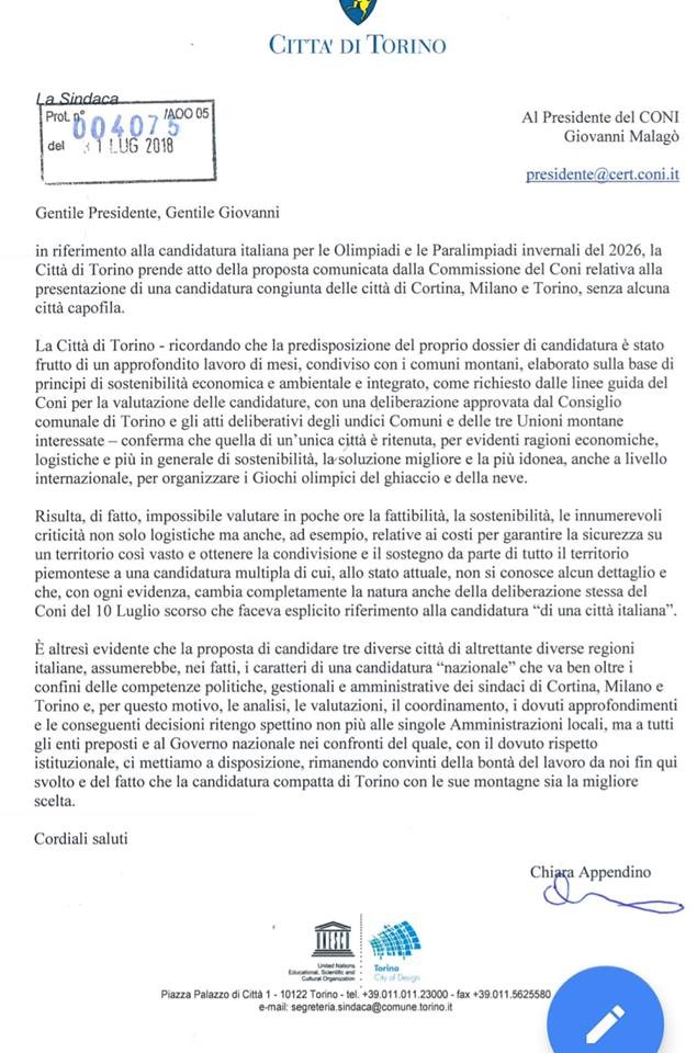 La lettera al Coni di Chiara Appendino