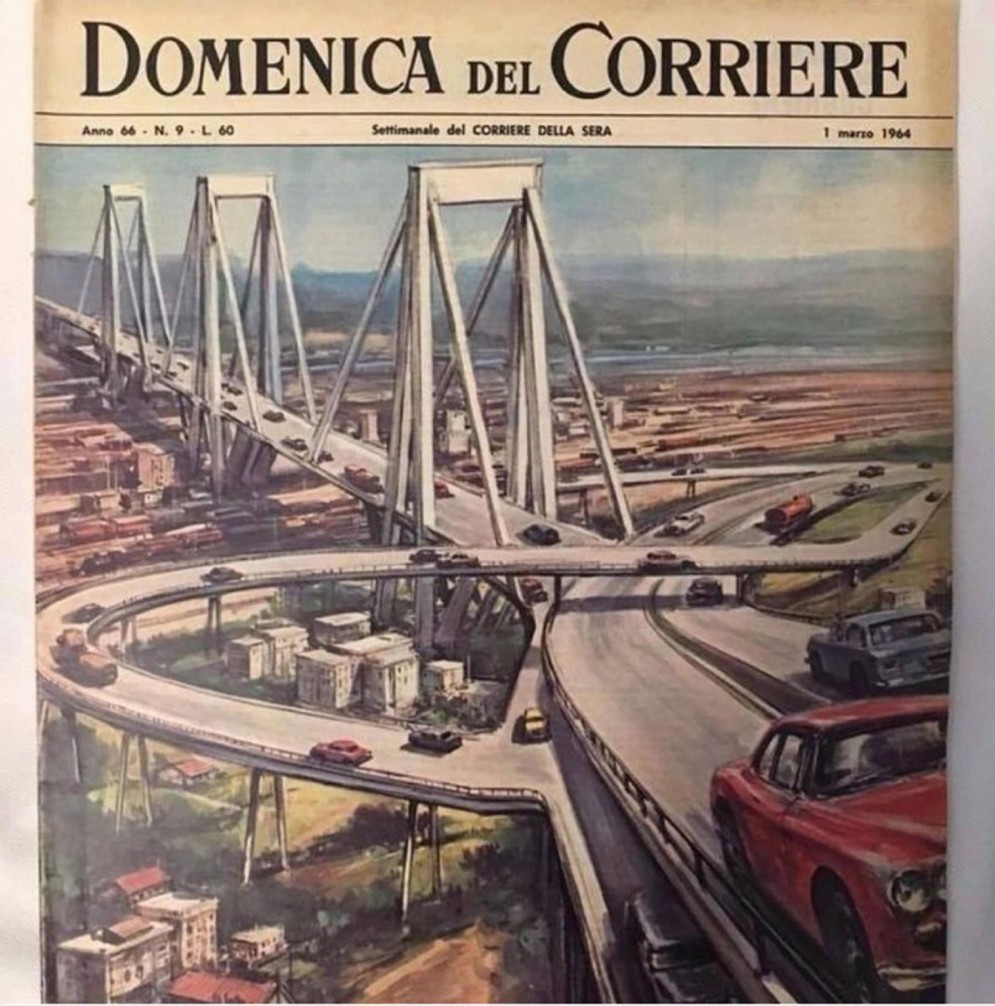 La copertina della Domenica del Corriere del 1 marzo 1964 realizzata per la posa dei piloni del ponte Morandi crollato a Genova