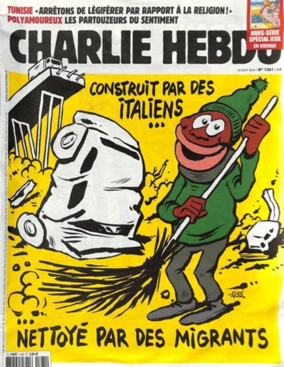 La copertina del periodico satirico francese Charlie Hebdo dedicata alla tragedia del crollo del ponte Morandi a Genova