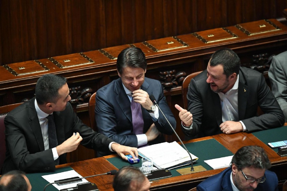 Matteo Salvini e Luigi Di Maio con Giuseppe Conte