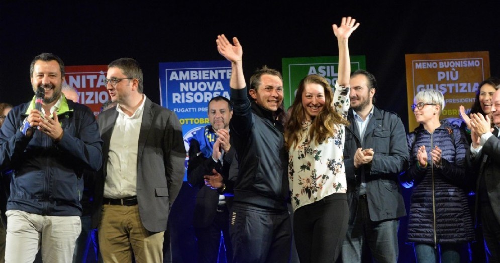 Il leader della Lega Matteo Salvini con Mirko Bisesti, Segretario Nazionale per la Lega in Trentino, e Maurizio Fugatti, candidato presidente alle elezioni provinciali di Trento