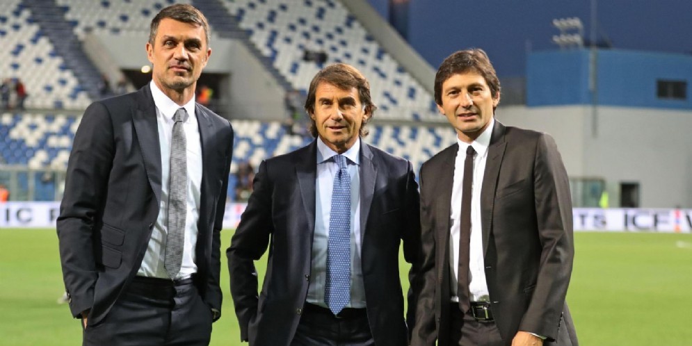 Leonardo con Maldini e l'ad del Sassuolo Carnevali