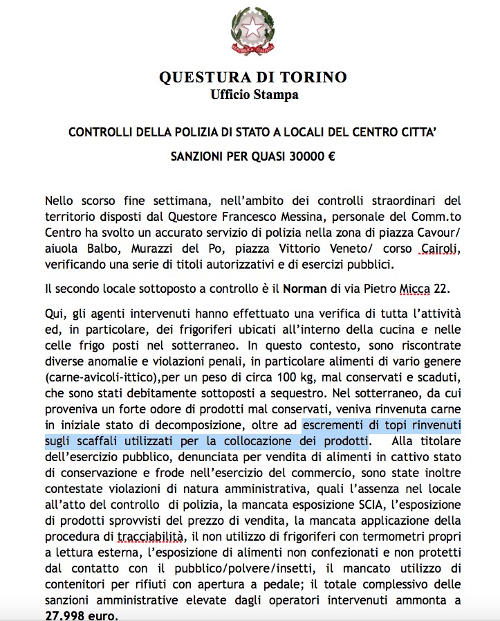 Il comunicato delle Questura che parla di escrementi di topo
