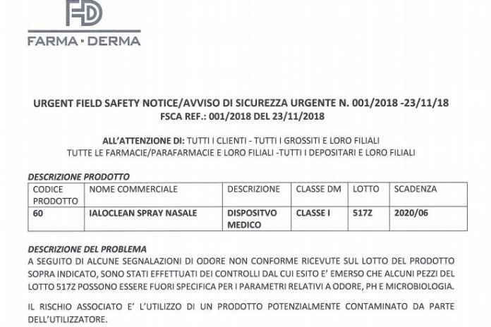 L'avviso emesso dalla Farma-Derma