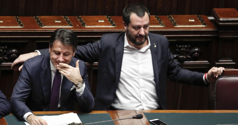 Il presidente del Consiglio Giuseppe Conte e il ministro dell'Interno Matteo Salvini alla Camera