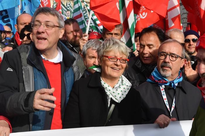 Maurizio Landini (CGIL), Annamaria Furlan (CISL) e Carmelo Barbagallo (UIL)