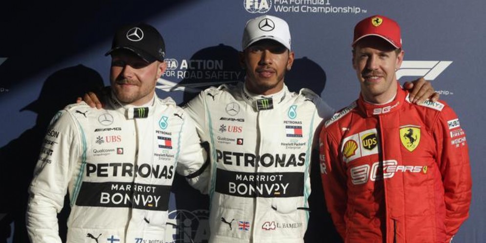 Bottas (2°), Hamilton (1°) e Vettel (3°) nelle qualifiche del GP di Australia 2019