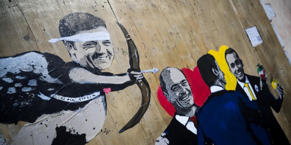 Il murales comparso in piazza Capizucchi sul nuovo governo Conte bis